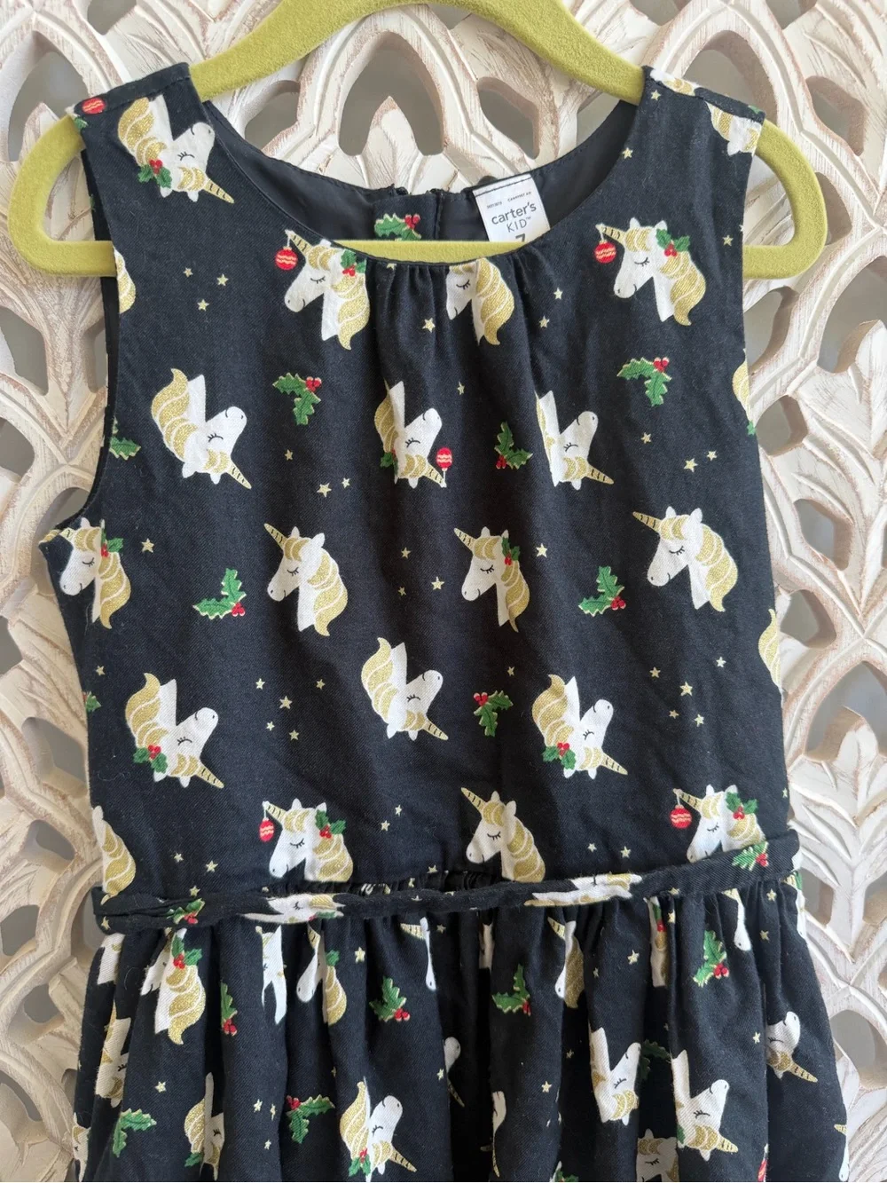 Carter’s Girls Christmas Unicorn Dress Size 7 Black Gold Holiday
